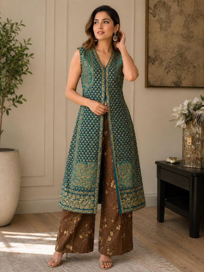Teal Blue Chanderi Silk Pakistani Jacket