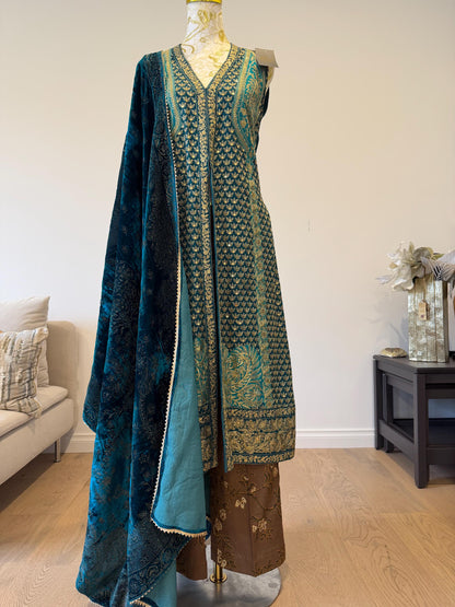 Teal Blue Chanderi Silk Pakistani Jacket
