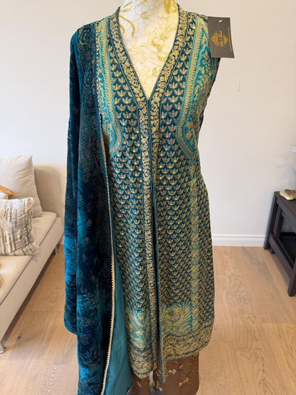 Teal Blue Chanderi Silk Pakistani Jacket