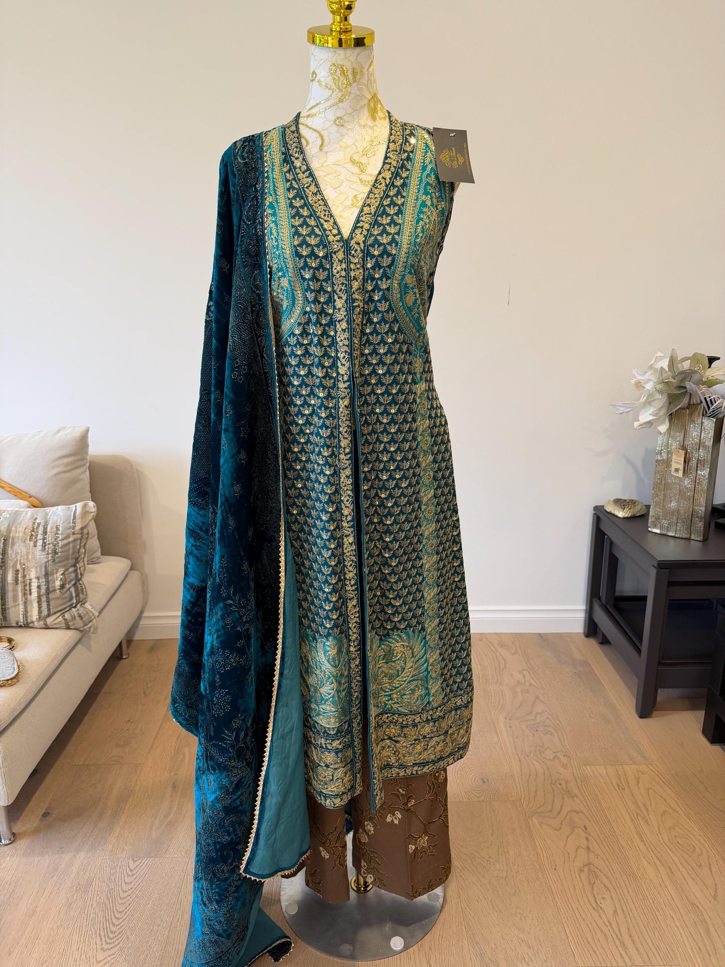Teal Blue Chanderi Silk Pakistani Jacket