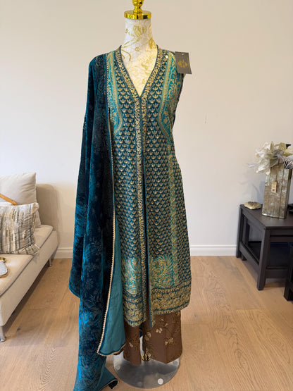 Teal Blue Chanderi Silk Pakistani Jacket