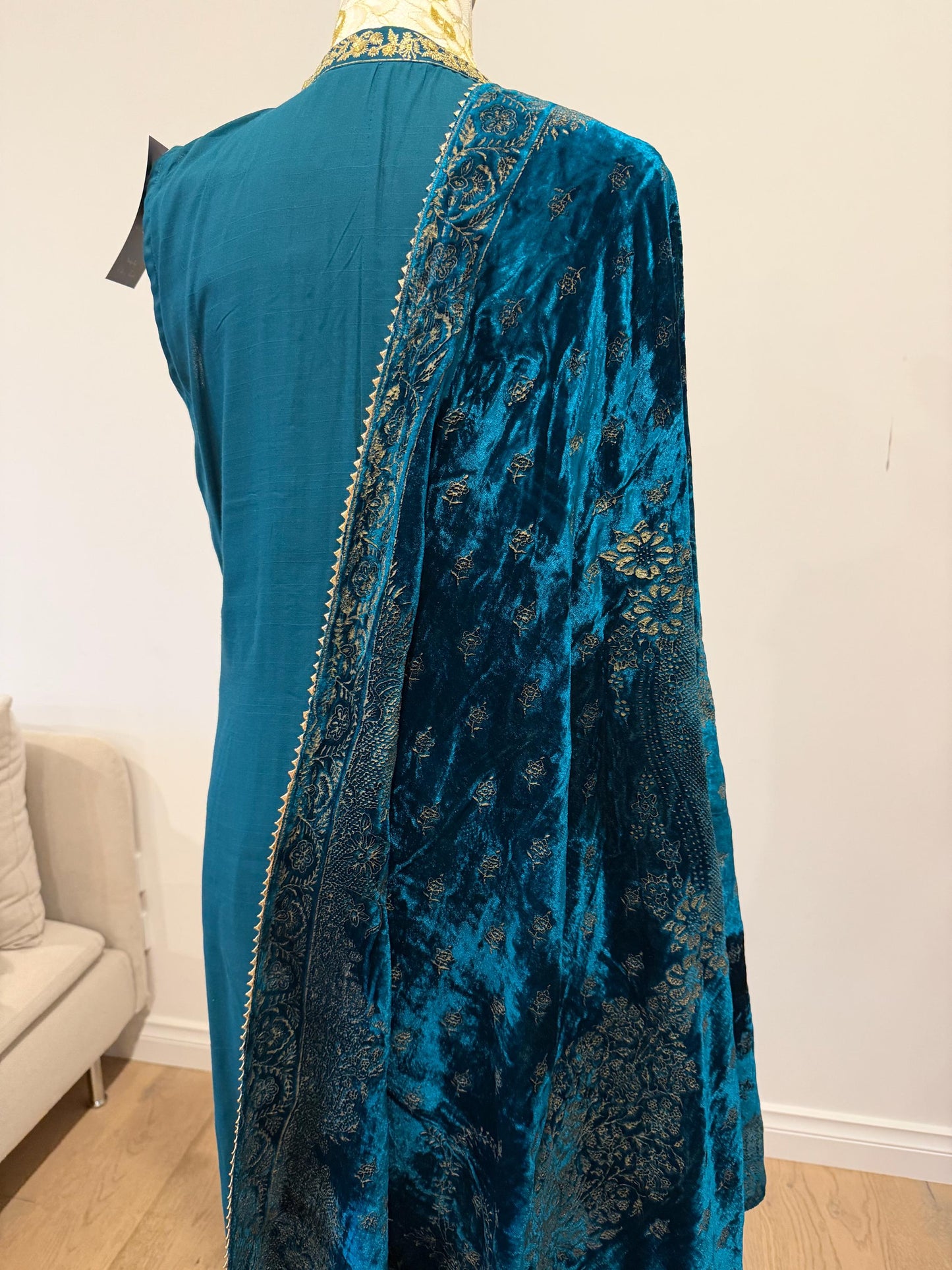 Teal Blue Chanderi Silk Pakistani Jacket