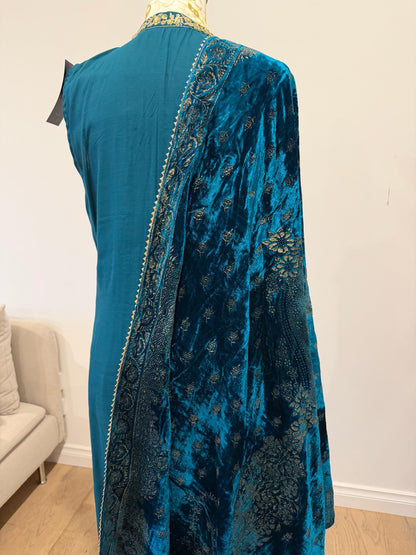 Teal Blue Chanderi Silk Pakistani Jacket