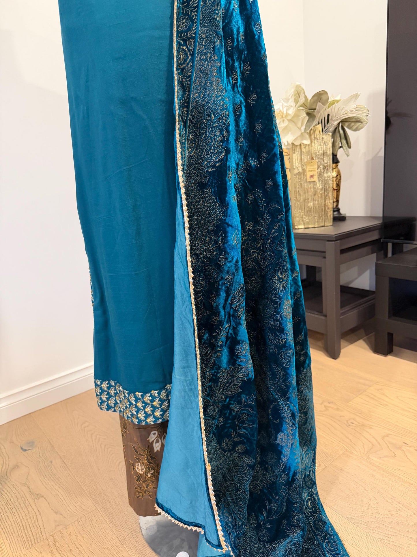 Teal Blue Chanderi Silk Pakistani Jacket