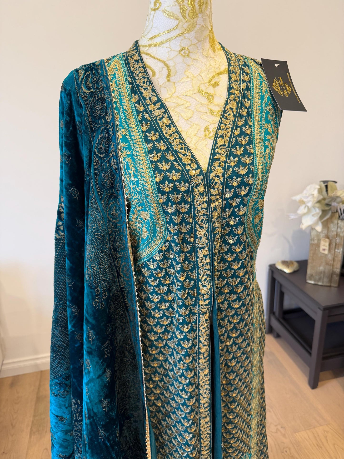 Teal Blue Chanderi Silk Pakistani Jacket