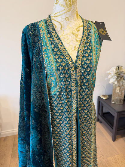 Teal Blue Chanderi Silk Pakistani Jacket