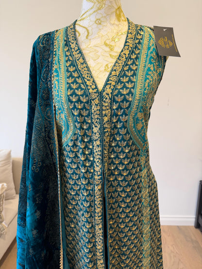Teal Blue Chanderi Silk Pakistani Jacket
