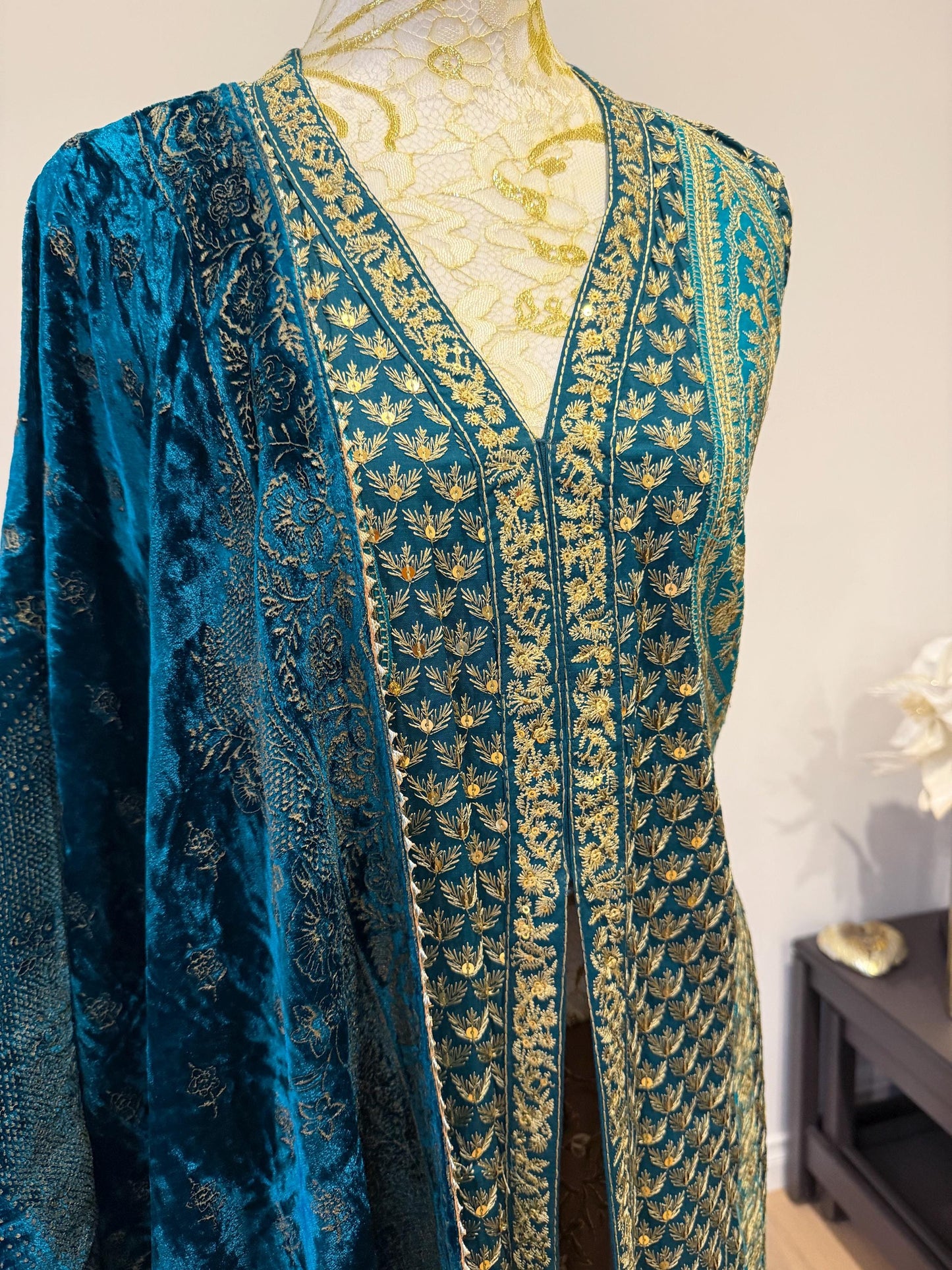 Teal Blue Chanderi Silk Pakistani Jacket