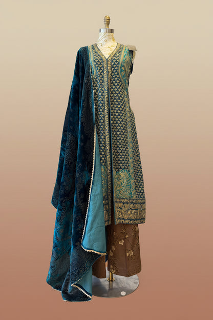 Teal Blue Chanderi Silk Pakistani Jacket