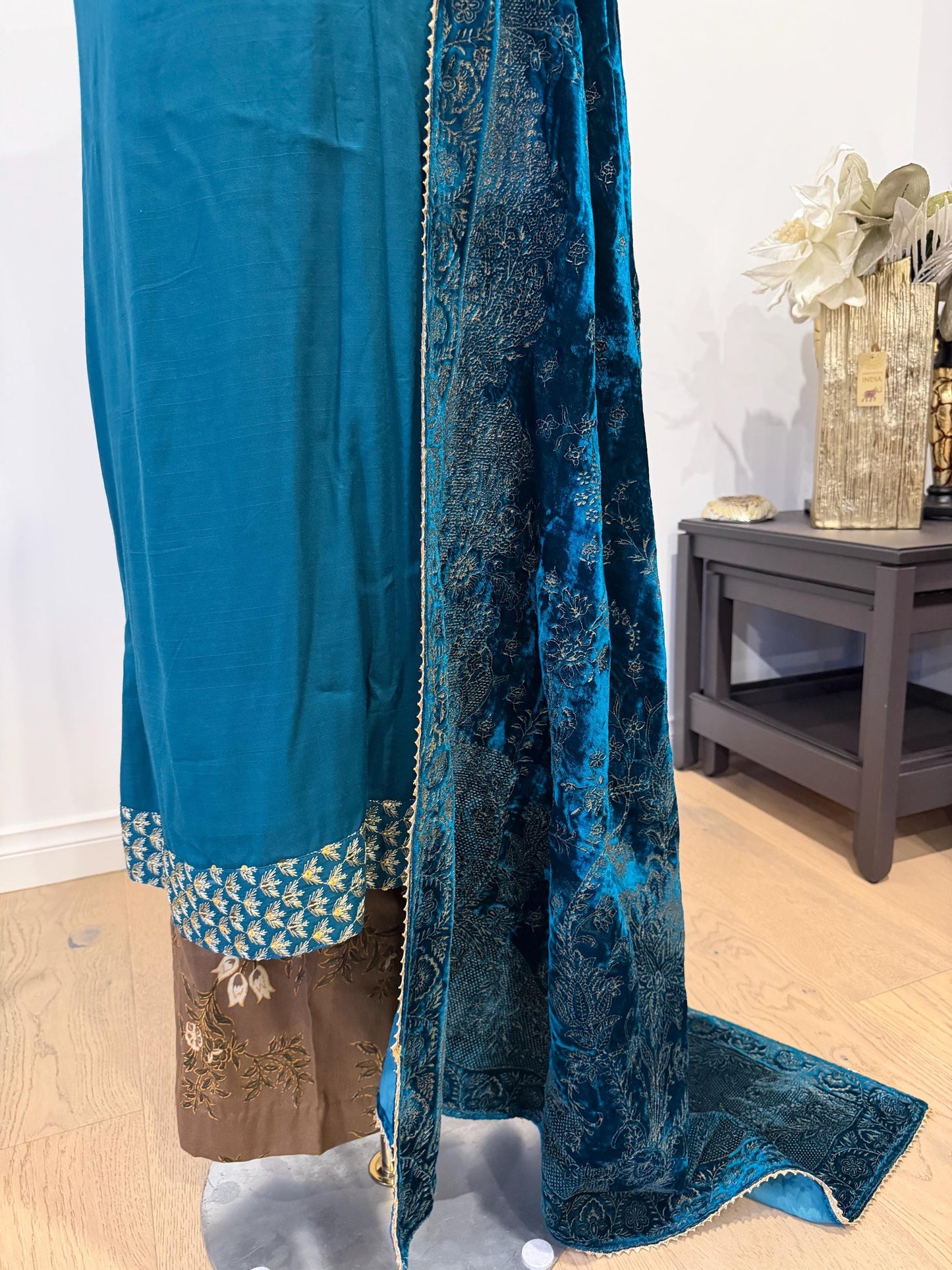 Teal Blue Chanderi Silk Pakistani Jacket