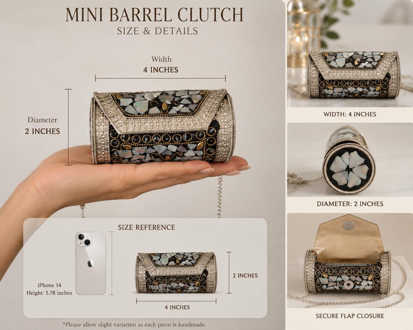 Mosaic Shell Barrel Clutch | Handmade Metallic Evening Purse with Chain Strap