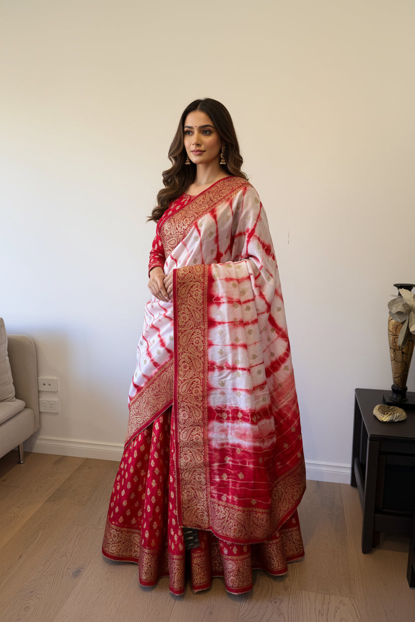 Handmade Red & White Shibori Banarasi Dupatta