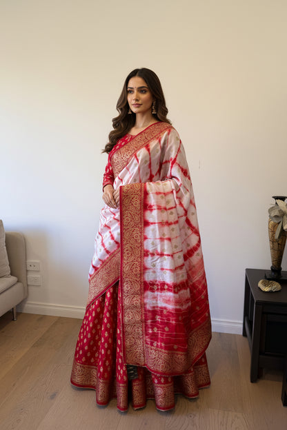 Handmade Red & White Shibori Banarasi Dupatta