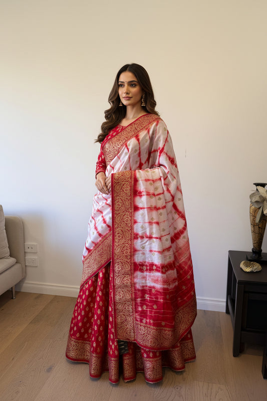 Handmade Red & White Shibori Banarasi Dupatta