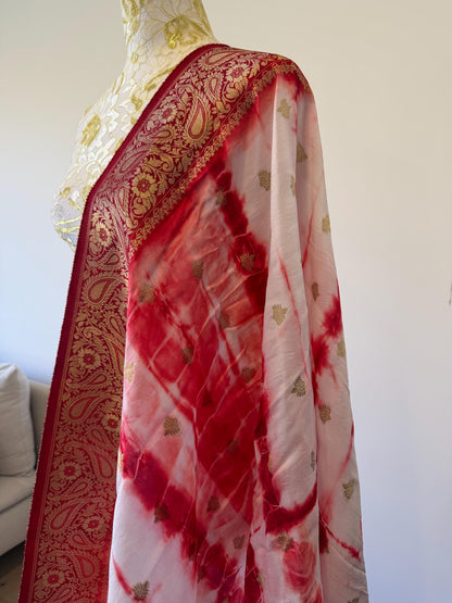 Handmade Red & White Shibori Banarasi Dupatta