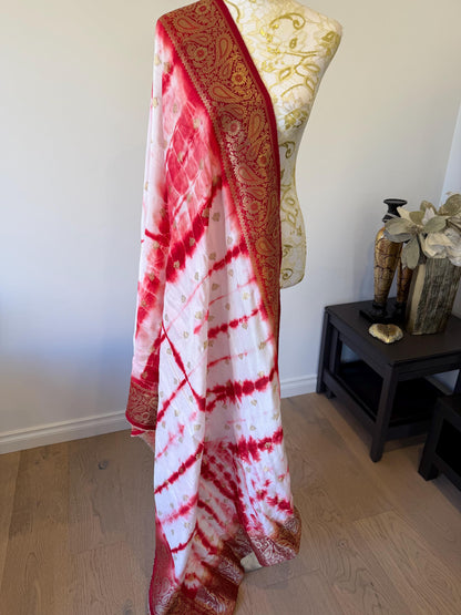 Handmade Red & White Shibori Banarasi Dupatta
