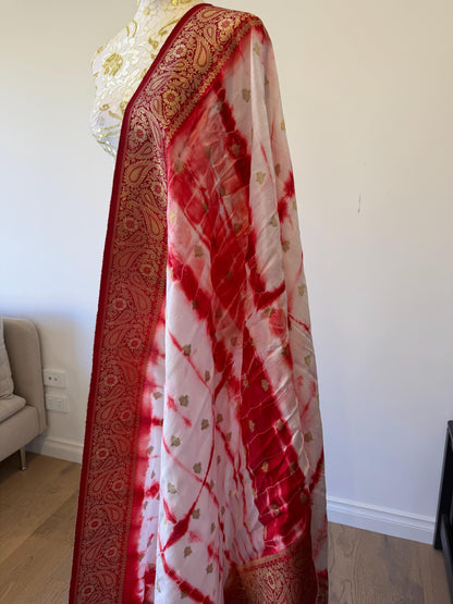 Handmade Red & White Shibori Banarasi Dupatta