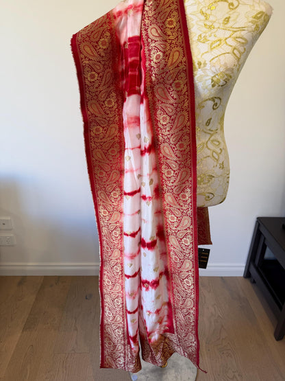 Handmade Red & White Shibori Banarasi Dupatta