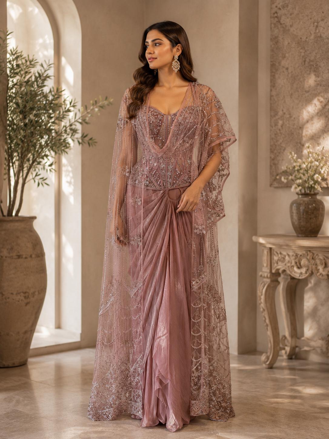 Dusty Pink Corset Saree Set with Cape