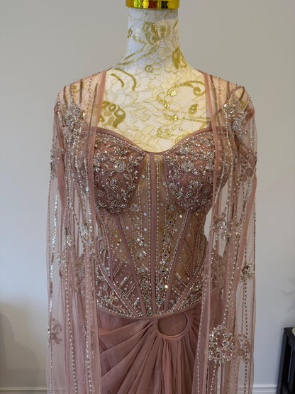Dusty Pink Corset Saree Set with Cape
