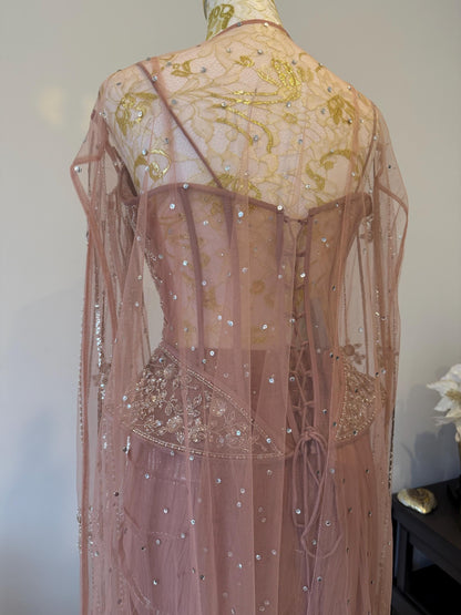 Dusty Pink Corset Saree Set with Cape