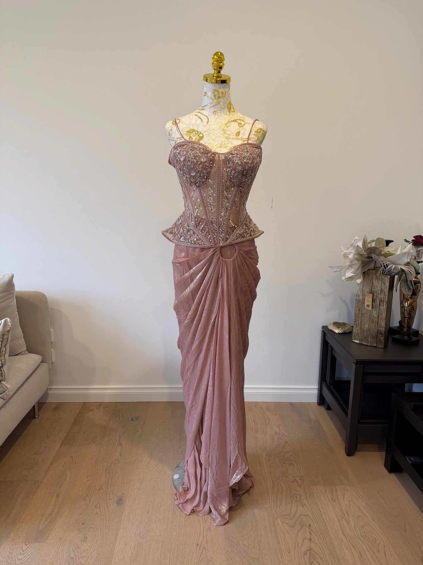 Dusty Pink Corset Saree Set with Cape