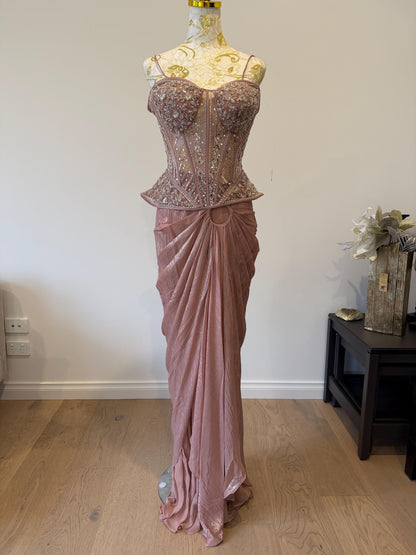 Dusty Pink Corset Saree Set with Cape