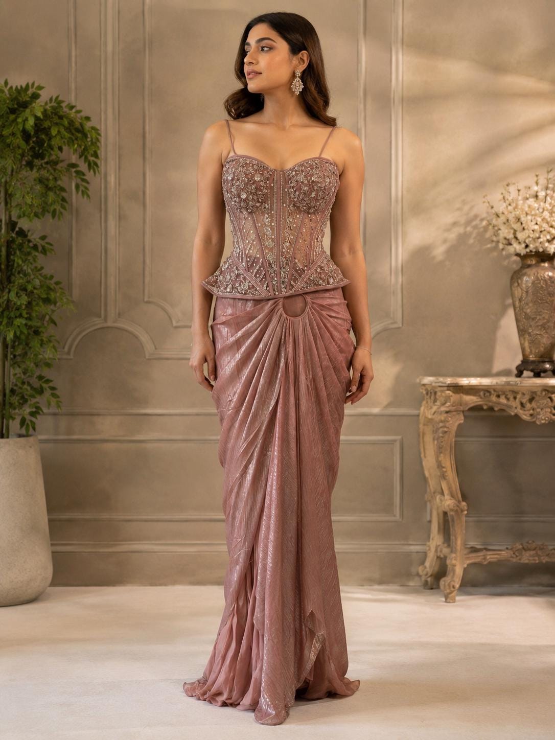 Dusty Pink Corset Saree Set with Cape