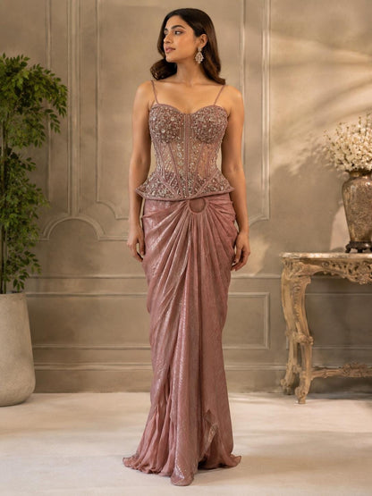 Dusty Pink Corset Saree Set with Cape