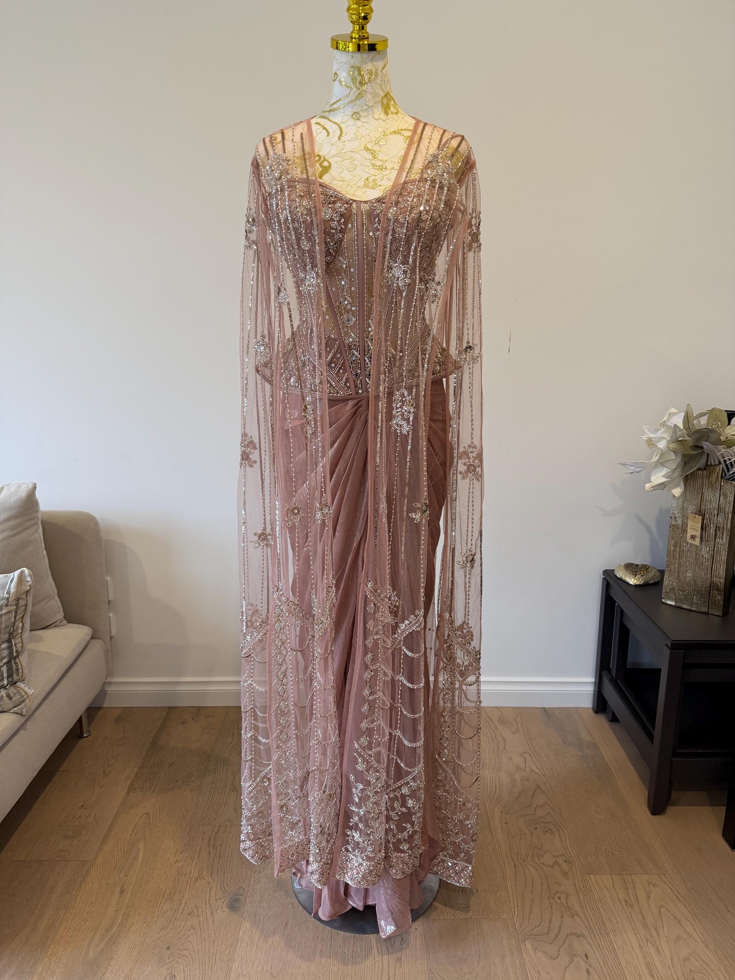 Dusty Pink Corset Saree Set with Cape