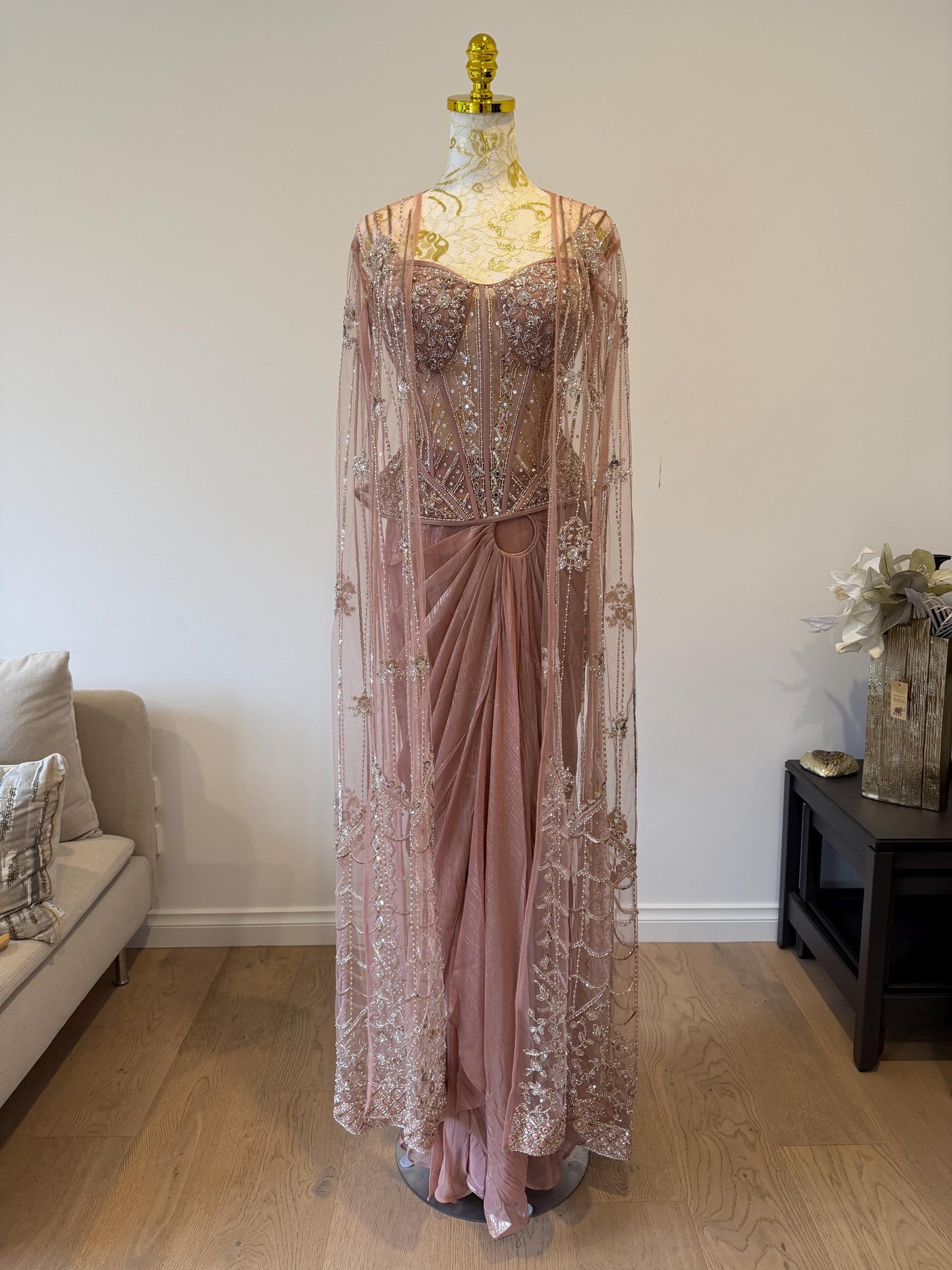 Dusty Pink Corset Saree Set with Cape