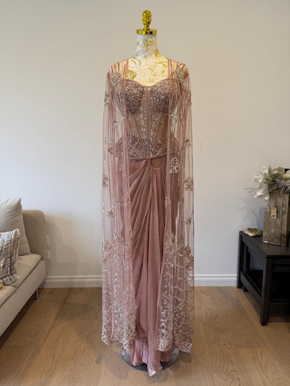 Dusty Pink Corset Saree Set with Cape
