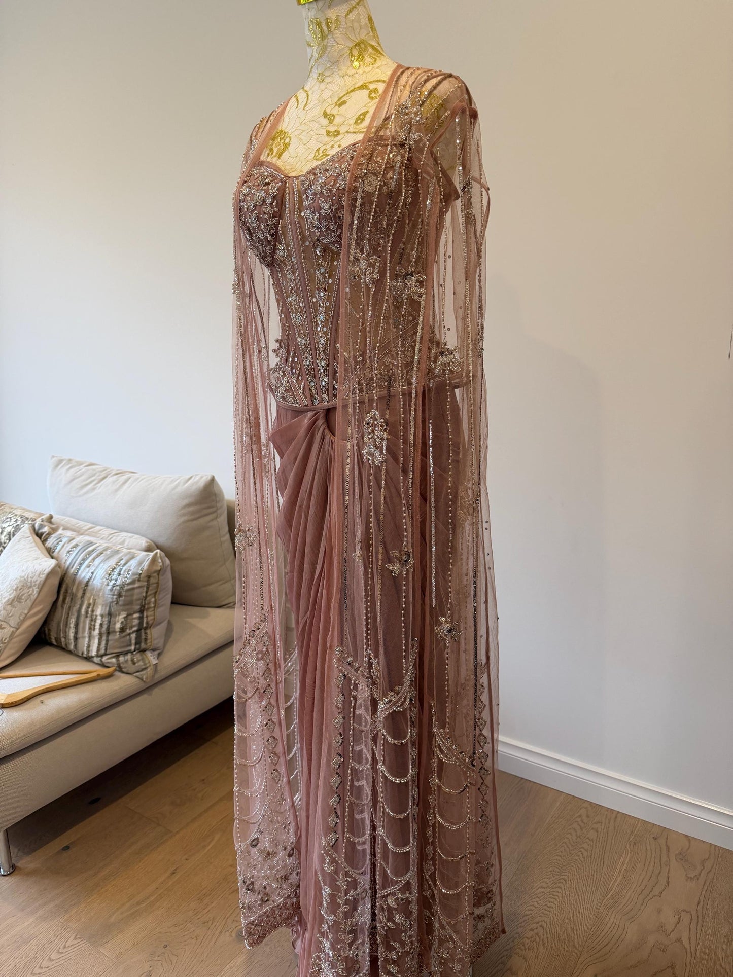 Dusty Pink Corset Saree Set with Cape