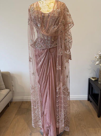 Dusty Pink Corset Saree Set with Cape