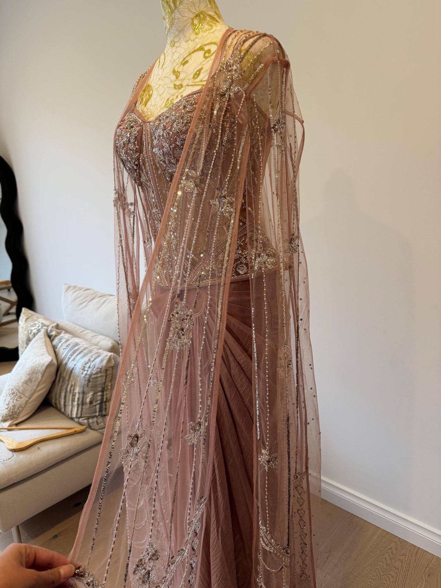 Dusty Pink Corset Saree Set with Cape