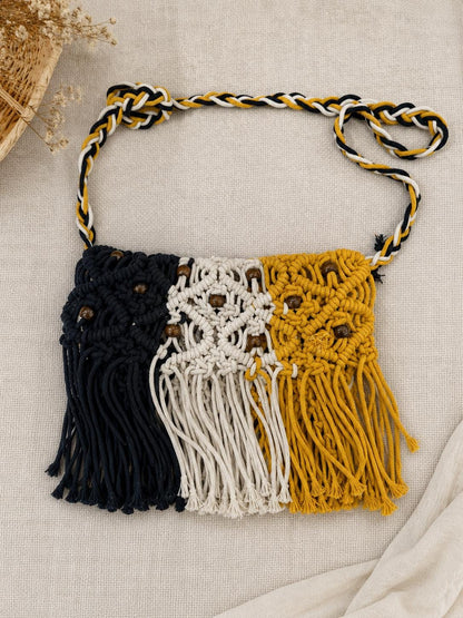Handmade Boho Macramé Sling Bag | Black White Mustard Crossbody Fringe Purse