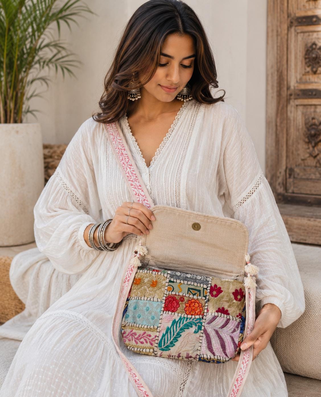 Handmade Patchwork Crossbody Bag | Embroidered Sling Bag with Cowrie Shells, Tassels
