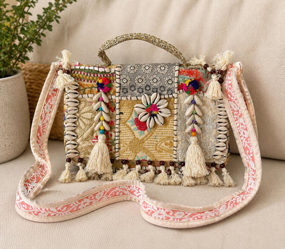 Handmade Patchwork Crossbody Bag | Embroidered Sling Bag with Cowrie Shells, Tassels