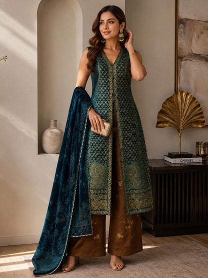 Teal Blue Chanderi Silk Pakistani Jacket