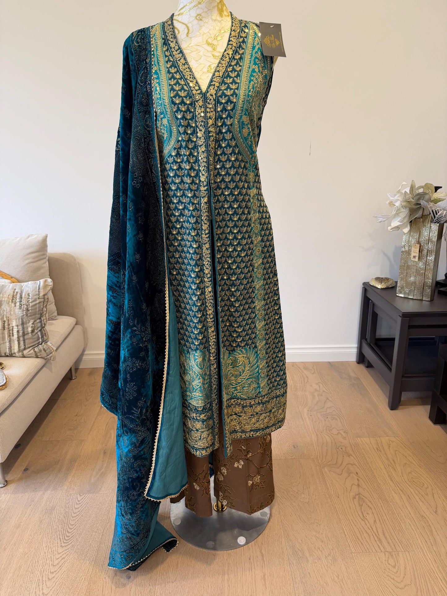 Teal Blue Chanderi Silk Pakistani Jacket