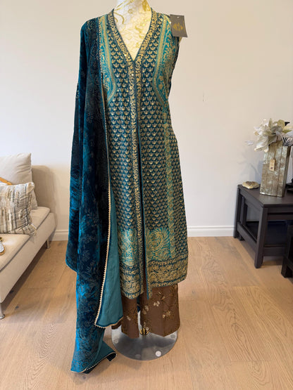 Teal Blue Chanderi Silk Pakistani Jacket