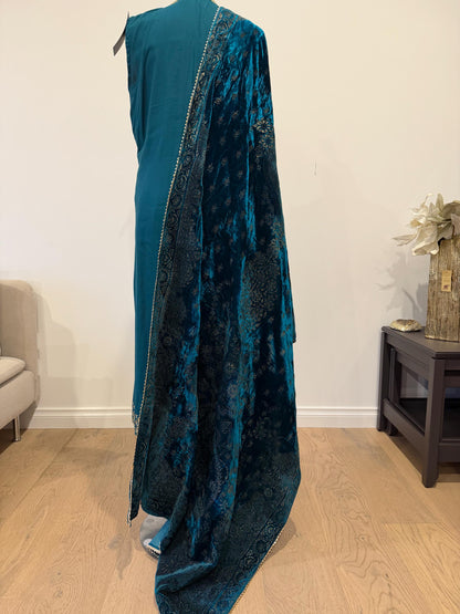 Teal Blue Chanderi Silk Pakistani Jacket