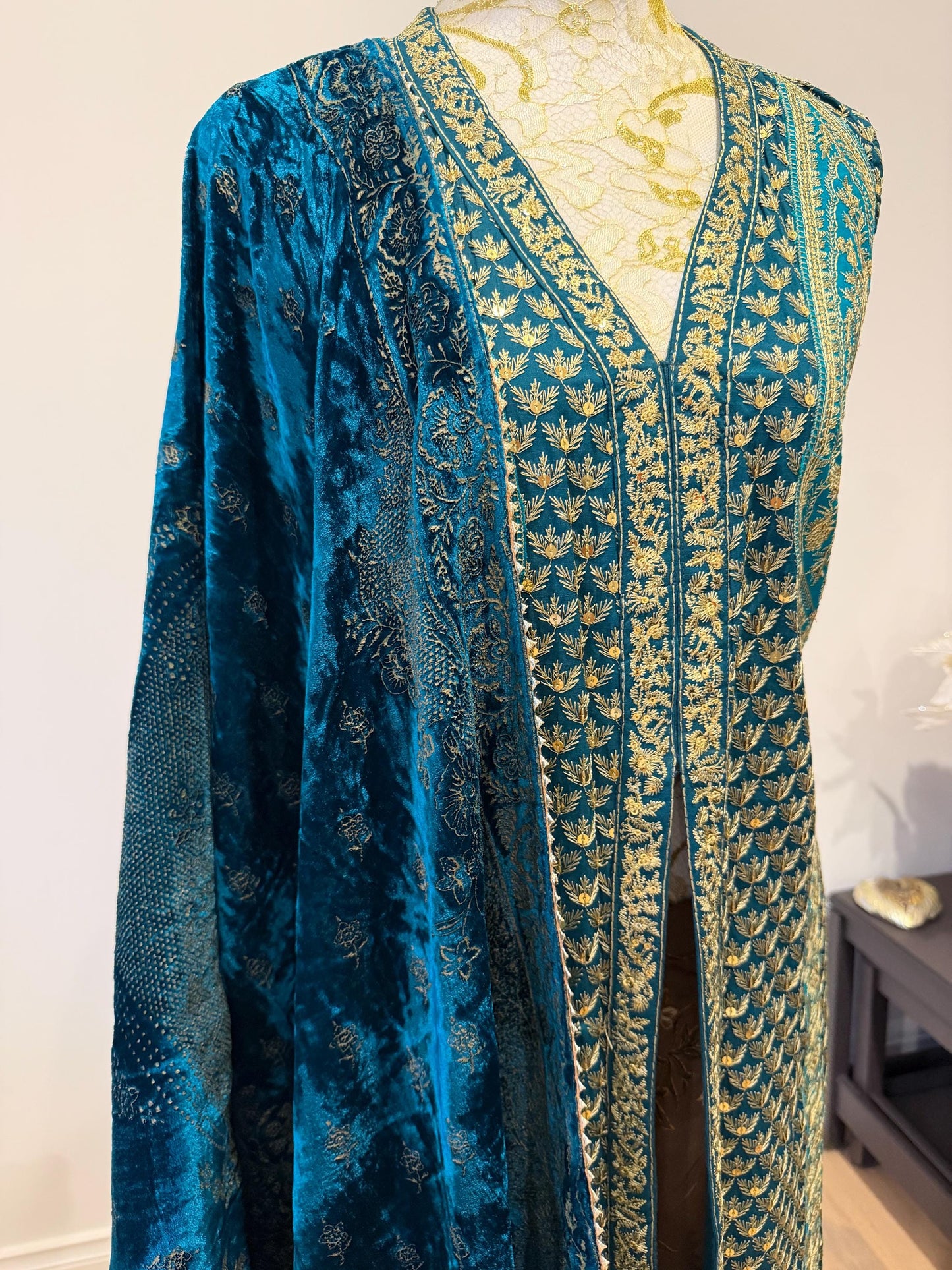 Teal Blue Chanderi Silk Pakistani Jacket
