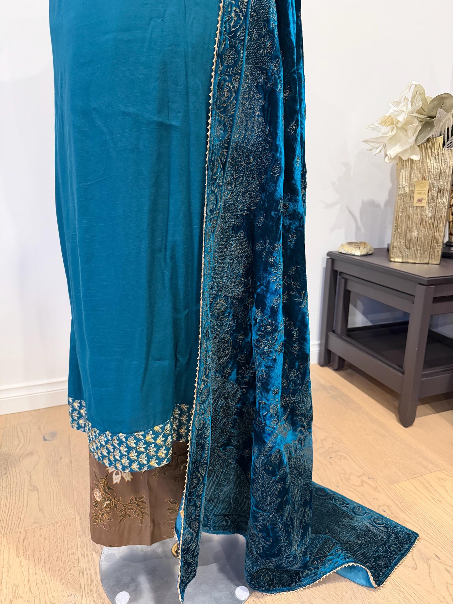 Teal Blue Chanderi Silk Pakistani Jacket