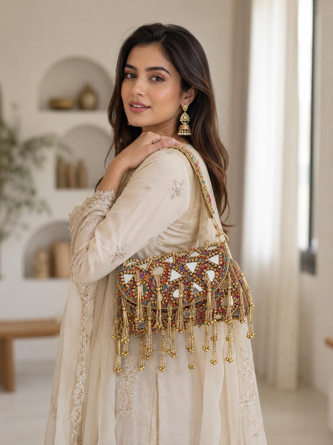 Handmade Mirror Work Beaded Shoulder Bag