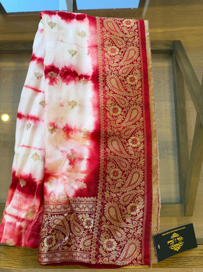 Handmade Red & White Shibori Banarasi Dupatta
