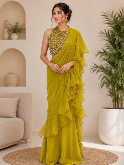 Mehendi Green Ruffle Saree with Halter Neck Blouse