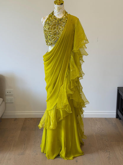 Mehendi Green Ruffle Saree with Halter Neck Blouse