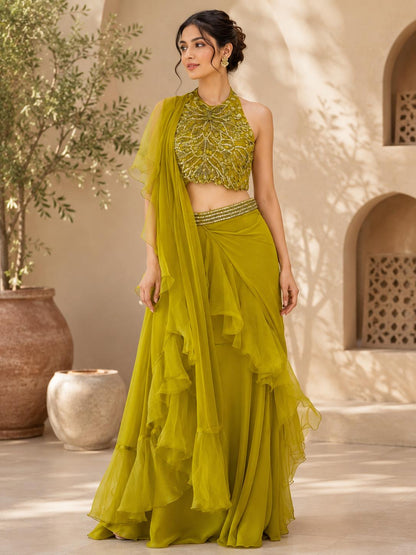 Mehendi Green Ruffle Saree with Halter Neck Blouse