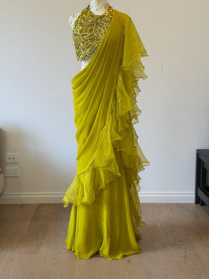 Mehendi Green Ruffle Saree with Halter Neck Blouse